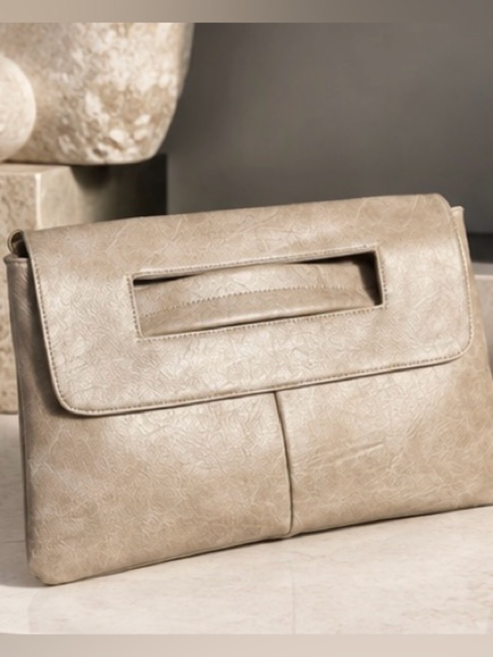 Taupe Fold-Over Clutch with Cutout Handle